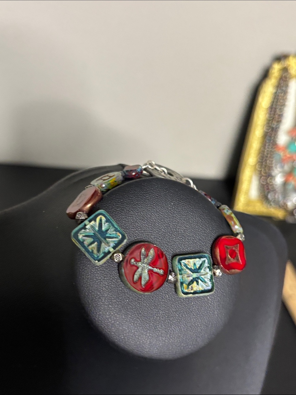Vintage Artisan Red and Turquoise Glass Dragonfly Bracelet - Women Jewelry
